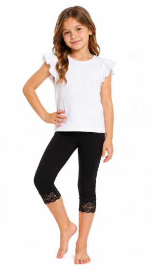 Legginsy dziewczęce 3/4 bawełniane rybaczki getry z koronką czarne