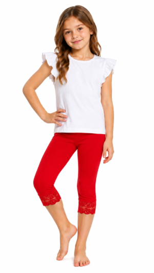 Legginsy dziewczęce 3/4 bawełniane rybaczki getry z koronką czerwone